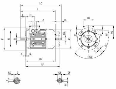 Габаритные и присоединительные размеры электродвигателя 1LA7 с 100 по 160 габарит (IMB5 - фланец)